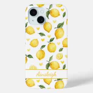 Funda Para iPhone 15 Limoneros con Monograma de Corazones en Acuarela