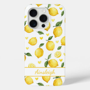 Funda Para iPhone 15 Pro Limoneros con monograma de corazones en acuarela