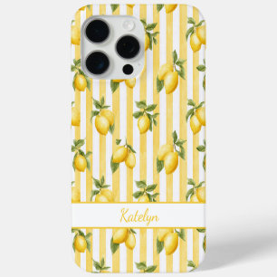 Funda Para iPhone 15 Pro Max Limones acuarela sobre rayas amarillas monogramada