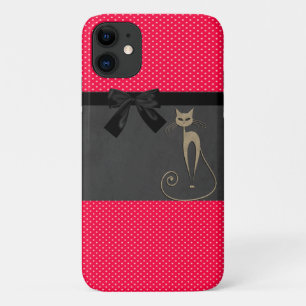 Funda Para iPhone 11 Lindo Gato Elegante con Lunares Rojos y Lazo Negro
