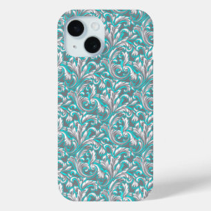 Funda Para iPhone 15 Lindo patrón floral continuo gris acuático