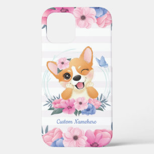 Funda Para iPhone 12 Pro Lindo perro Corgi Corona de flores Mariposa azul p