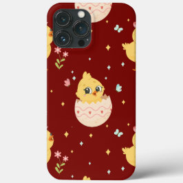 Funda Para iPhone 13 Pro Max Lindo pollito de Pascua con patrón continuo de laz
