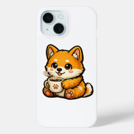 Funda Para iPhone 15 Lindo Shiba Inu con Café – Ilustración de Perro Ac