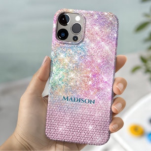 Funda Para iPhone 15 lindo unicornio rosa falso brillo rinestone monogr