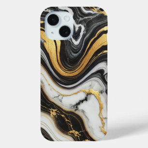 Funda Para iPhone 15 Liquid Gold Negro con apariencia de mármol blanco 
