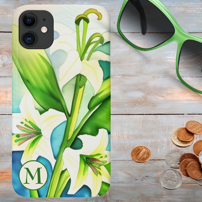 Funda De Case-Mate Para iPhone Lirio blanco acuarela con monograma (Subido por el creador)