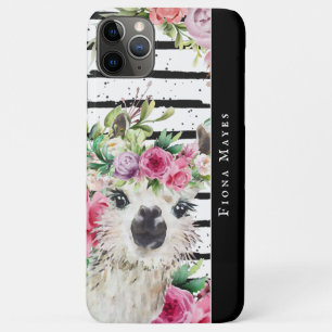 Funda Para iPhone 11 Pro Max Llama acuarela cuta   Monograma Floral y de franja