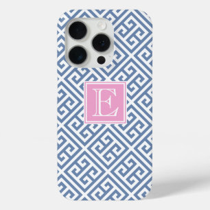 Funda Para iPhone 15 Pro Llave griega azul y blanca monogramada