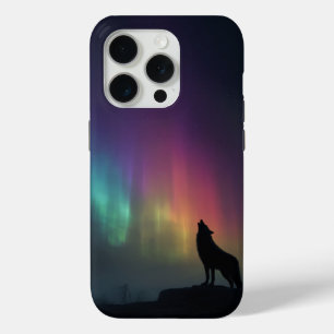 Funda Para iPhone 15 Pro Lobo bajo la Aurora Boreal