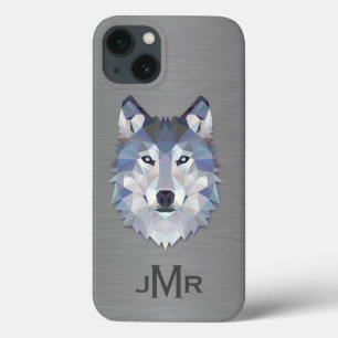Funda Para iPhone 13 Lobo en efecto de metal de acero cepillado Monogra