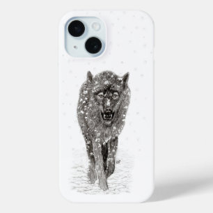 Funda Para iPhone 15 Lobo negro enojado en la nieve, invierno salvaje