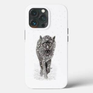 Funda Para iPhone 13 Pro Lobo negro enojado en la nieve, invierno salvaje