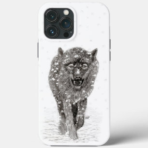 Funda Para iPhone 13 Pro Max Lobo negro enojado en la nieve, invierno salvaje