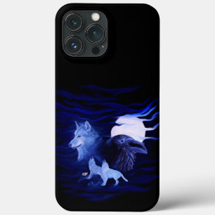 Funda Para iPhone 13 Pro Max Lobos y Raven con luna llena