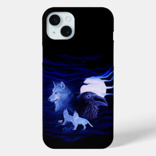 Funda Para iPhone 15 Mini Lobos y Raven con luna llena