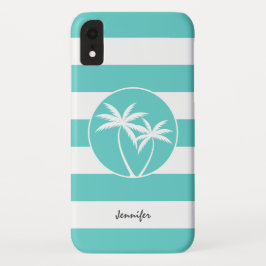 Funda Para iPhone XR Logo y nombre de las palmas Aqua y White Sripes
