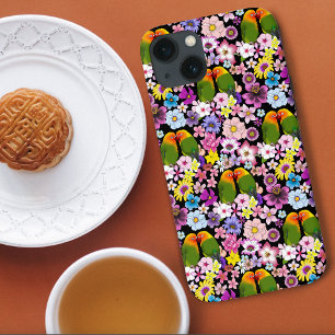 Funda Para iPhone 13 Loros Lindos Flores Tropicales Pájaro Romántico