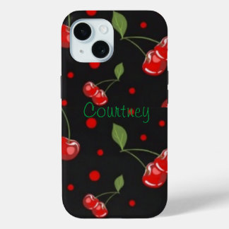 Funda Para iPhone 15 Los puntos de polka y las cerezas en un fondo negr