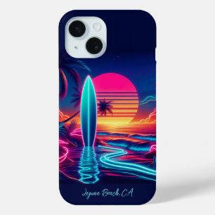 Funda Para iPhone 15 Luces de la Neón-Surfboard del atardecer-