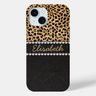 Funda Para iPhone 15 Lugar de leopardo con diamantes de strass personal