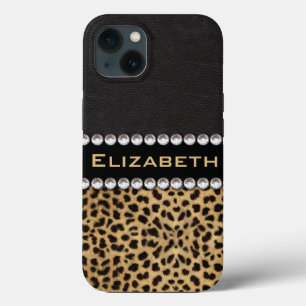 Funda Para iPhone 13 Lugares de leopardo con diamantes de strass Monogr