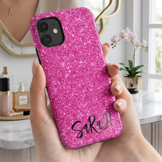 Funda De Case-Mate Para iPhone Lujo Chic Rosa Brillo Destello Nombre Personalizad (Subido por el creador)