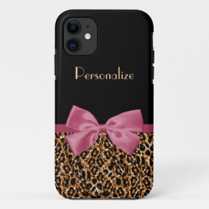 Funda Para iPhone 11 Lujo Gold Fur Leopard Print Mauve Bow Con Nombre