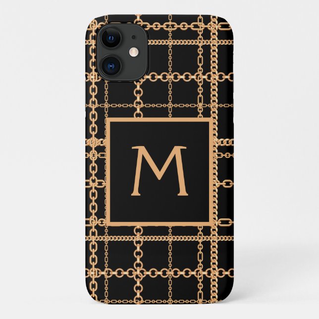 Funda De Case-Mate Para iPhone Lujo Monograma Patrón Cadena de Oro Negro (Reverso)