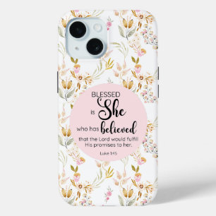 Funda Para iPhone 15 Luke 1:45 Bendita es su floral rosa acuarela