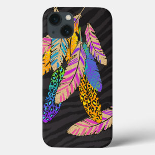 Funda Para iPhone 13 Luminosas plumas que caen en oro Verde azulado mor