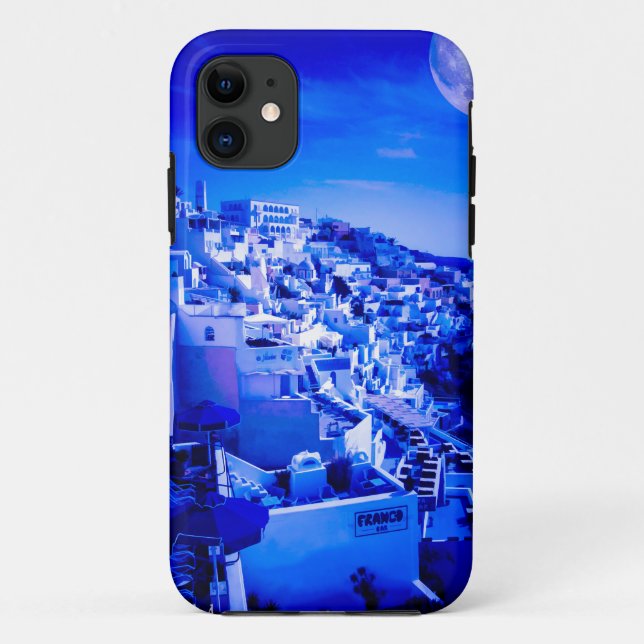 Funda De Case-Mate Para iPhone Luna azul sobre Fira Santorini (Reverso)