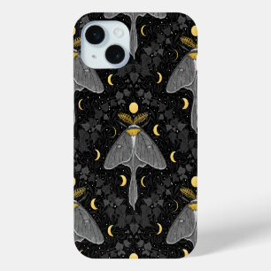 Funda Para iPhone 15 Mini Luna, fases lunares y patrón de damasco de hiedra