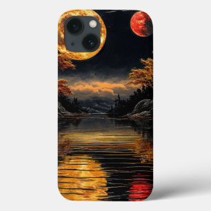 Funda Para iPhone 13 Luna Roja Sobre el Agua Cielo Nocturno Romántico E
