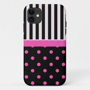 Funda Para iPhone 11 lunares rosas y rayas en blanco y negro