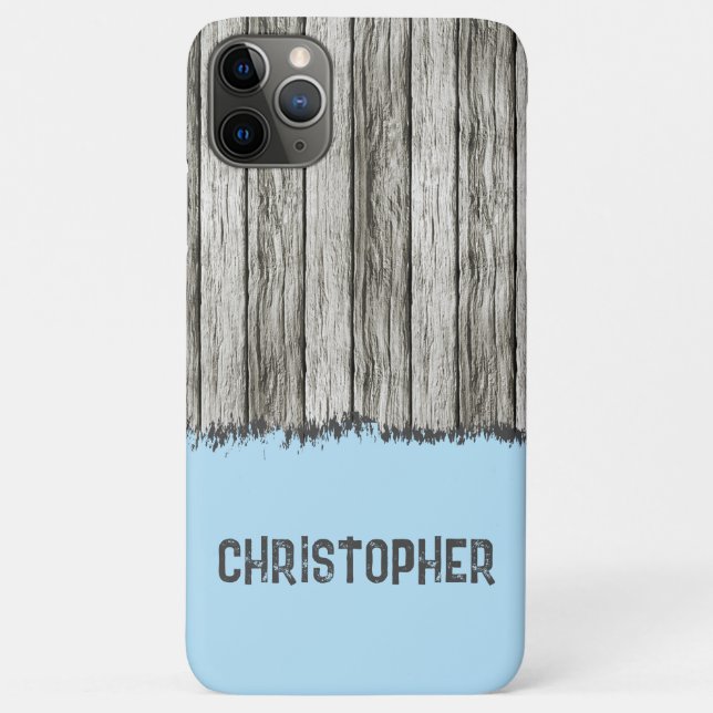 Funda De Case-Mate Para iPhone Madera falsa rústica añaden nombre gris y azul (Reverso)