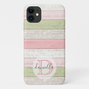 Funda Para iPhone 11 Madera floral Rústica Verde y Rosa Personalizada