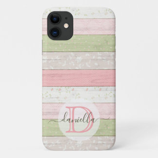 Funda Para iPhone 11 Madera floral Rústica Verde y Rosa Personalizada