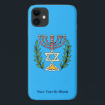 Funda Para iPhone 11 Magen persa David Menorah<br><div class="desc">Esta imagen fue adaptada de una antigua teja judía persa y cuenta con una menorah con un Magen David (Estrella de David) enmarcado por ramas de olivo. Se han conservado las imperfecciones de la imagen original pintada a mano. Añade tu propio texto.</div>