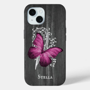 Funda Para iPhone 15 Magenta Rustic Butterfly personalizada