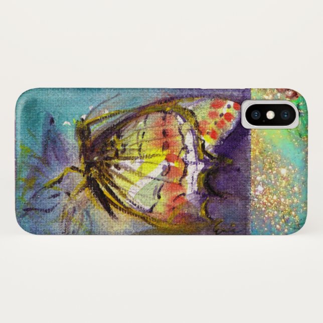 FUNDA DE Case-Mate PARA iPhone MÁGICA MARIPOSA EN GOLD SPARKLES AZULES (Reverso (horizontal))