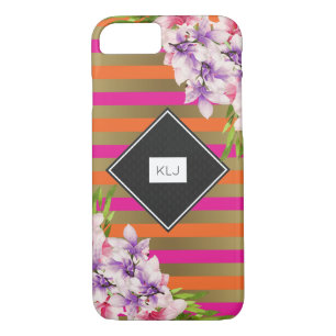 Funda Para iPhone 8/7 Magnolias en franjas de oro rosadas y falsas Monog