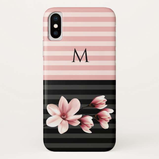 Funda De Case-Mate Para iPhone Magnolias Monogramadas de Negro y Rubor (Reverso)