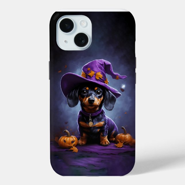Funda De Case-Mate Para iPhone Mago de Dachshund con calabaza de Halloween (Reverso )