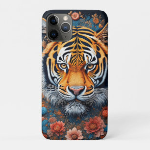 Funda Para iPhone 11 Pro Majestuoso retrato de tigre rodeado de flores