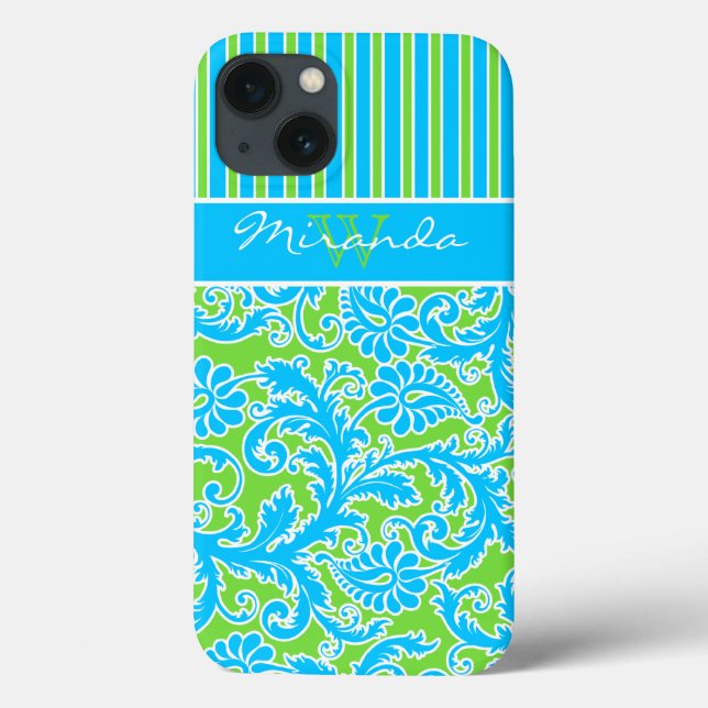 Funda De Case-Mate Para iPhone Maletín de aire Blue, Green, White Striped Damask  (Reverso)