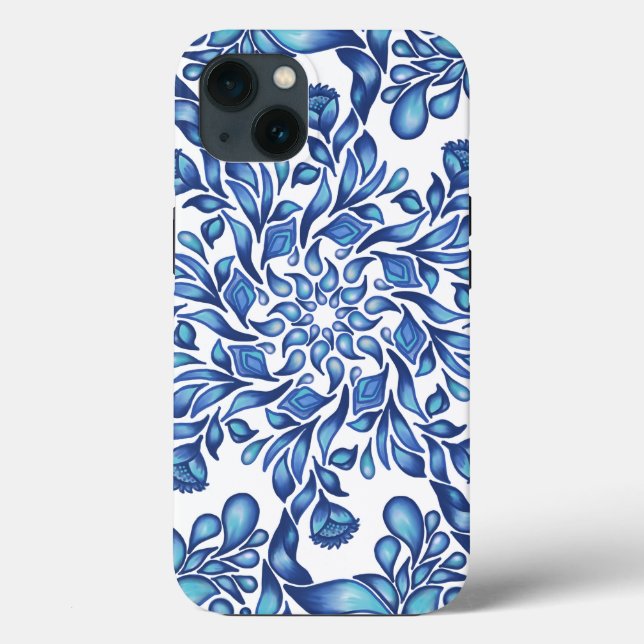 Funda De Case-Mate Para iPhone Mandala de flores y hojas en azul (Reverso )