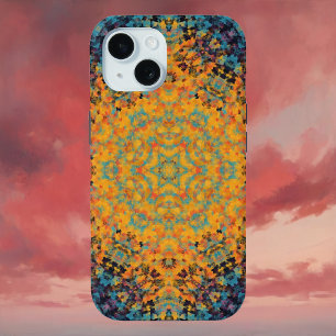 Funda Para iPhone 15 Mandala digital amarillo azul y rojo