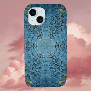 Funda Para iPhone 15 Mandala digital azul y amarillo