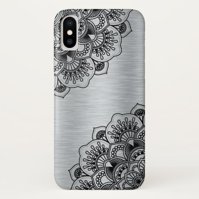 Funda De Case-Mate Para iPhone Mandala floral negra en aluminio plateado (Reverso)